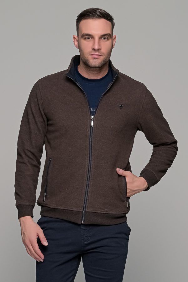 Καφέ ανδρική ζακέτα MS με τσέπες - slim fit