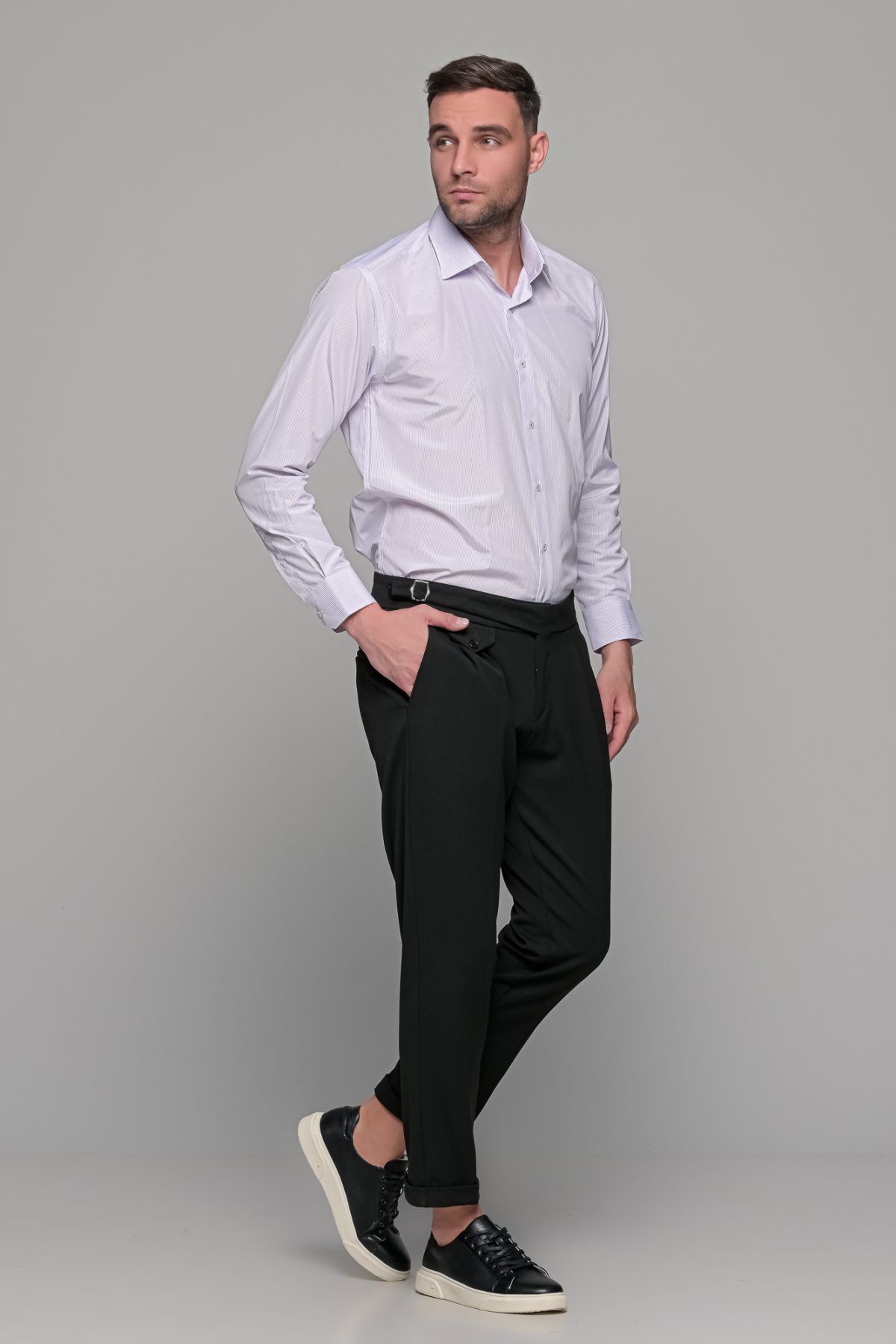 Λευκό Πουκάμισο Με Λιλά Ρίγα PAPARAZZI χωρίς Τσεπάκι - Classic Fit - Image 7