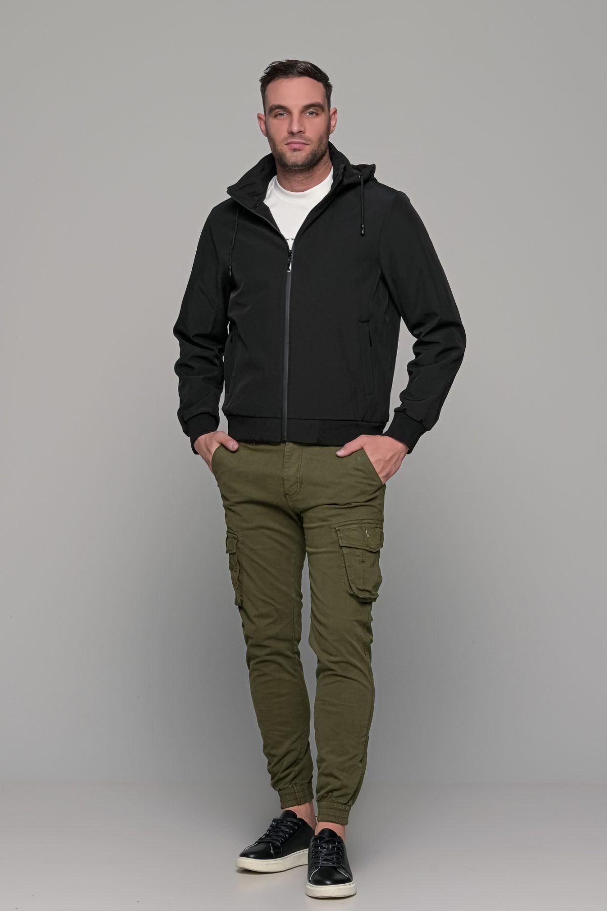 Μαύρο φθινοπωρινό αδιάβροχο ανδρικό μπουφάν με αποσπώμενη κουκούλα - Slim fit - Image 7