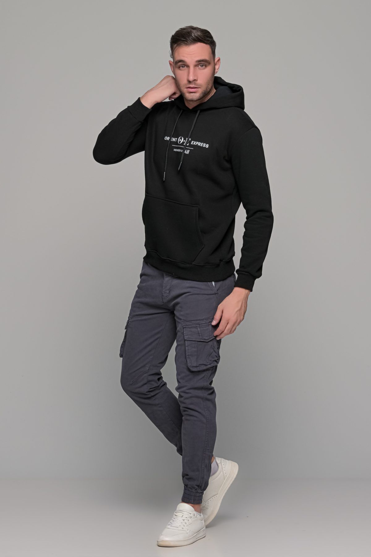 Μαύρο φούτερ με στάμπα "ORIENT EXPRESS" και κουκούλα ανδρικό - Image 6