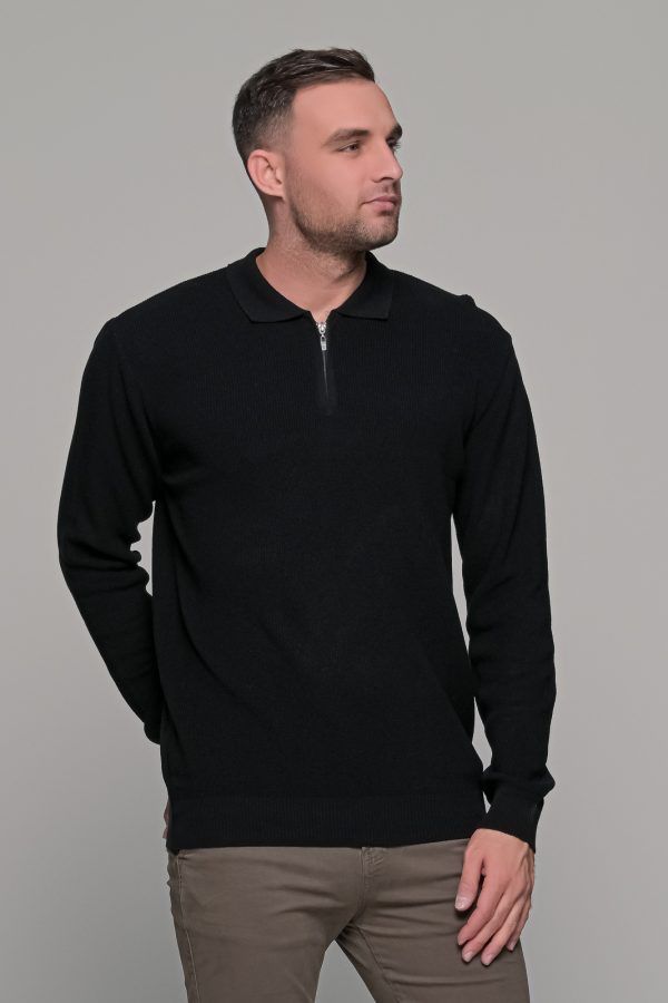 Μαύρο ανδρικό πλεκτό μπλουζάκι με φερμουάρ