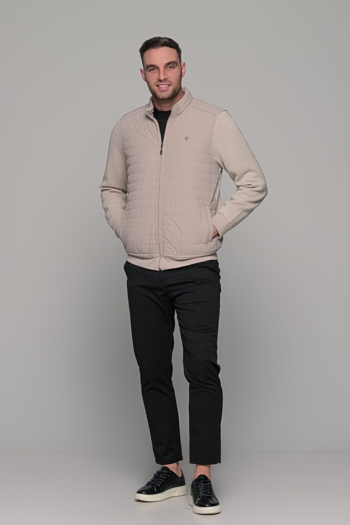 Πλεκτή εκρού ανδρική ζακέτα με επένδυση μπροστά MS - slim fit - Image 7