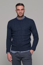 Mπλε ανδρικό πλεκτό πουλόβερ με πλέξη κοτσίδα