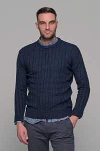 Mπλε ανδρικό πλεκτό πουλόβερ με πλέξη κοτσίδα