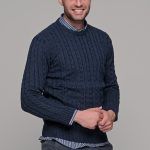 Mπλε ανδρικό πλεκτό πουλόβερ με πλέξη κοτσίδα