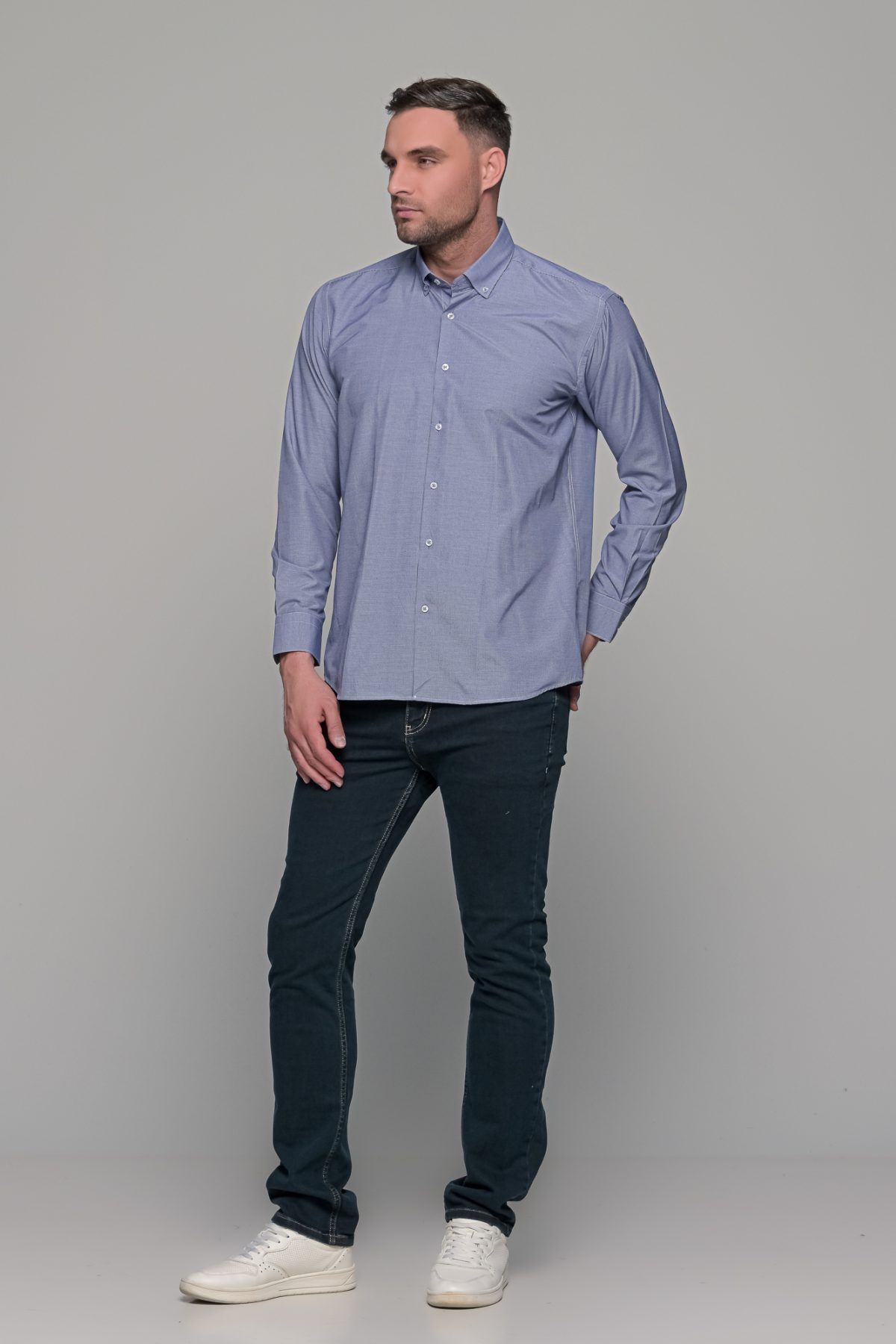 Καρό πουκάμισο μπλε ραφ με λευκό μικροσχέδιο PAPARAZZI χωρίς Τσεπάκι - Classic Fit - Image 6