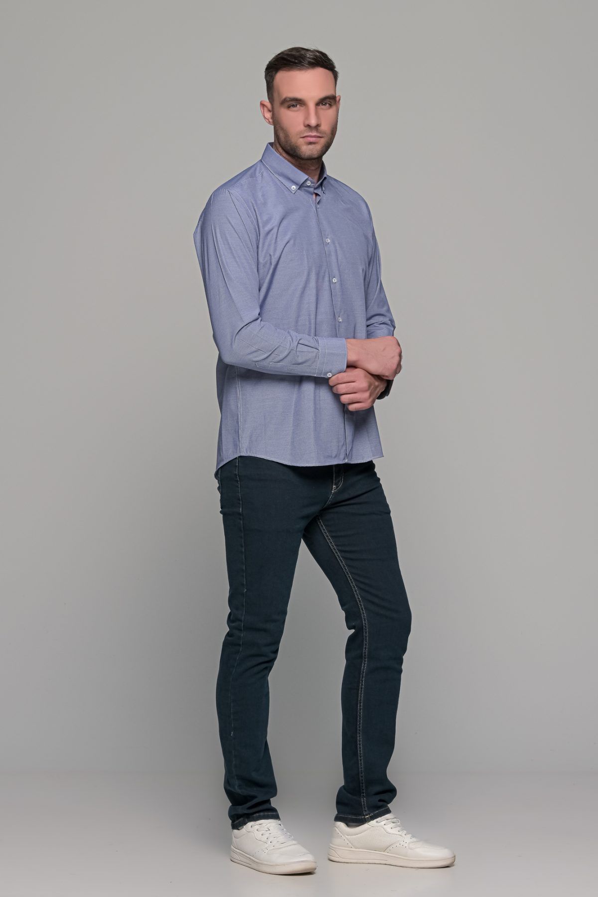 Καρό πουκάμισο μπλε ραφ με λευκό μικροσχέδιο PAPARAZZI χωρίς Τσεπάκι - Classic Fit - Image 7