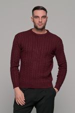 Mπορντό ανδρικό πλεκτό πουλόβερ με πλέξη κοτσίδα