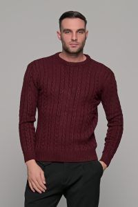 Mπορντό ανδρικό πλεκτό πουλόβερ με πλέξη κοτσίδα