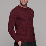 Mπορντό ανδρικό πλεκτό πουλόβερ με πλέξη κοτσίδα