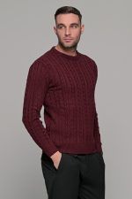 Mπορντό ανδρικό πλεκτό πουλόβερ με πλέξη κοτσίδα