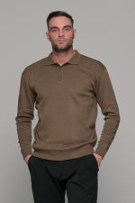Καφέ πλεκτό ανδρικό πόλο με κουμπί μακρυμάνικο