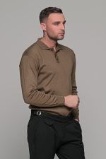 Καφέ πλεκτό ανδρικό πόλο με κουμπί μακρυμάνικο
