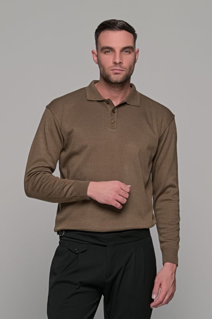 Καφέ πλεκτό ανδρικό πόλο με κουμπί μακρυμάνικο