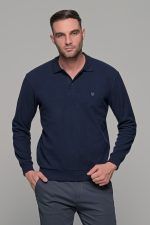 Ανδρικό πλεκτό πόλο μπλε βελουτέ με μακρύ μανίκι