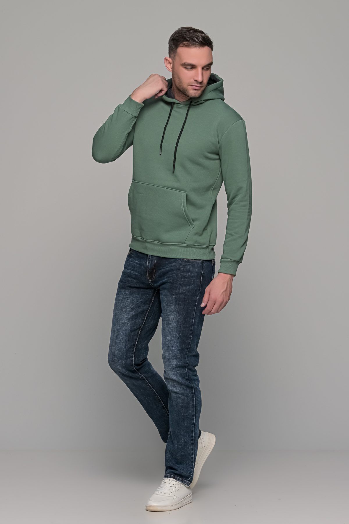 Ανδρικό πράσινο χακί μονόχρωμο φούτερ με κουκούλα - Image 6