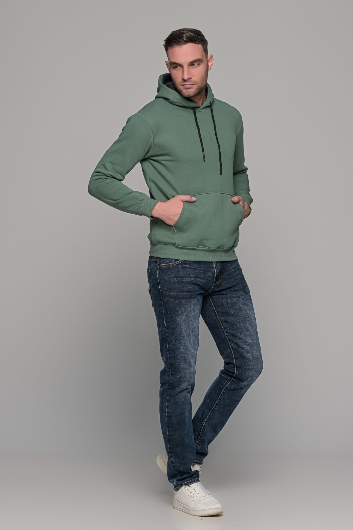 Ανδρικό πράσινο χακί μονόχρωμο φούτερ με κουκούλα - Image 7