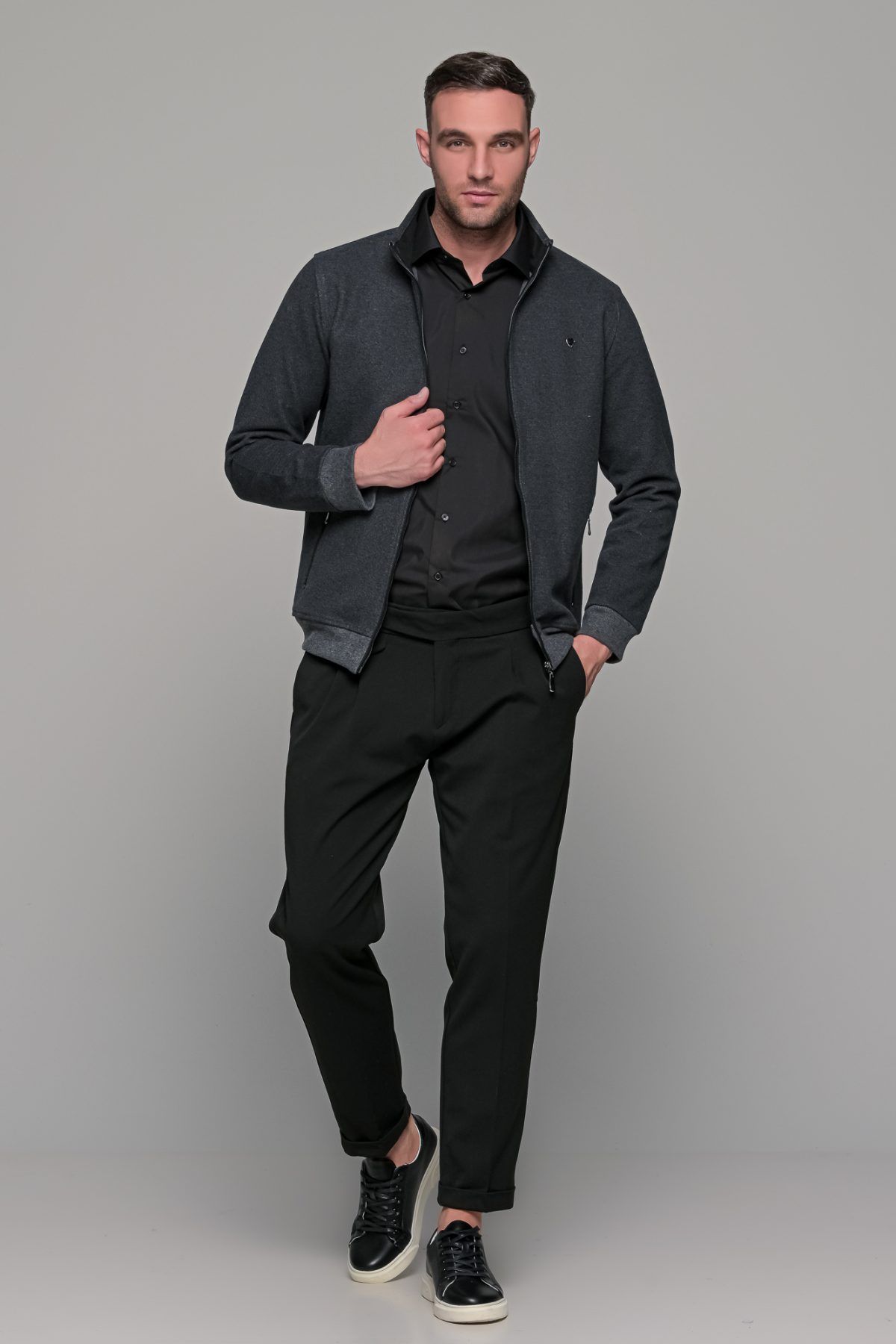 Γκρι ανθρακί ανδρική ζακέτα MS με τσέπες - slim fit