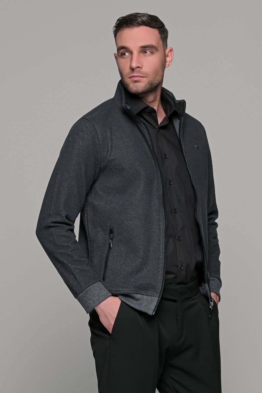 Γκρι ανθρακί ανδρική ζακέτα MS με τσέπες - slim fit Γκρι ανθρακί ανδρική ζακέτα MS με τσέπες - slim fit