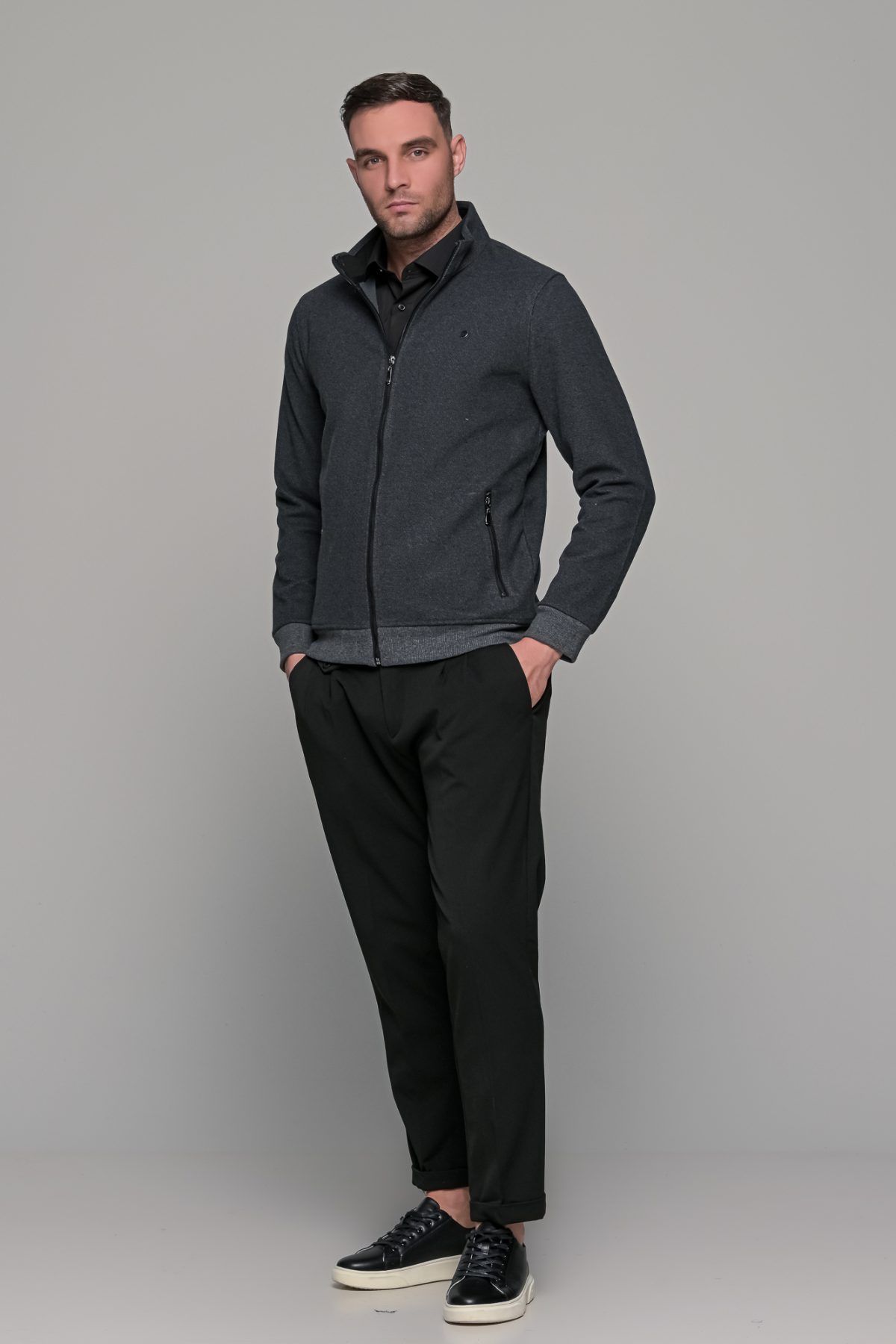 Γκρι ανθρακί ανδρική ζακέτα MS με τσέπες - slim fit