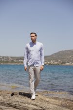 Μπεζ υφασμάτινο ανδρικό παντελόνι με λάστιχο τύπου κοστουμιού καλοκαιρινό– Slim fit - Image 2