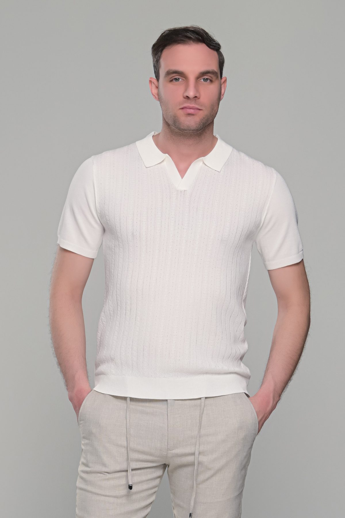 Λευκό πλεκτό ανδρικό πόλο μπλουζάκι – Slim Fit - Image 3