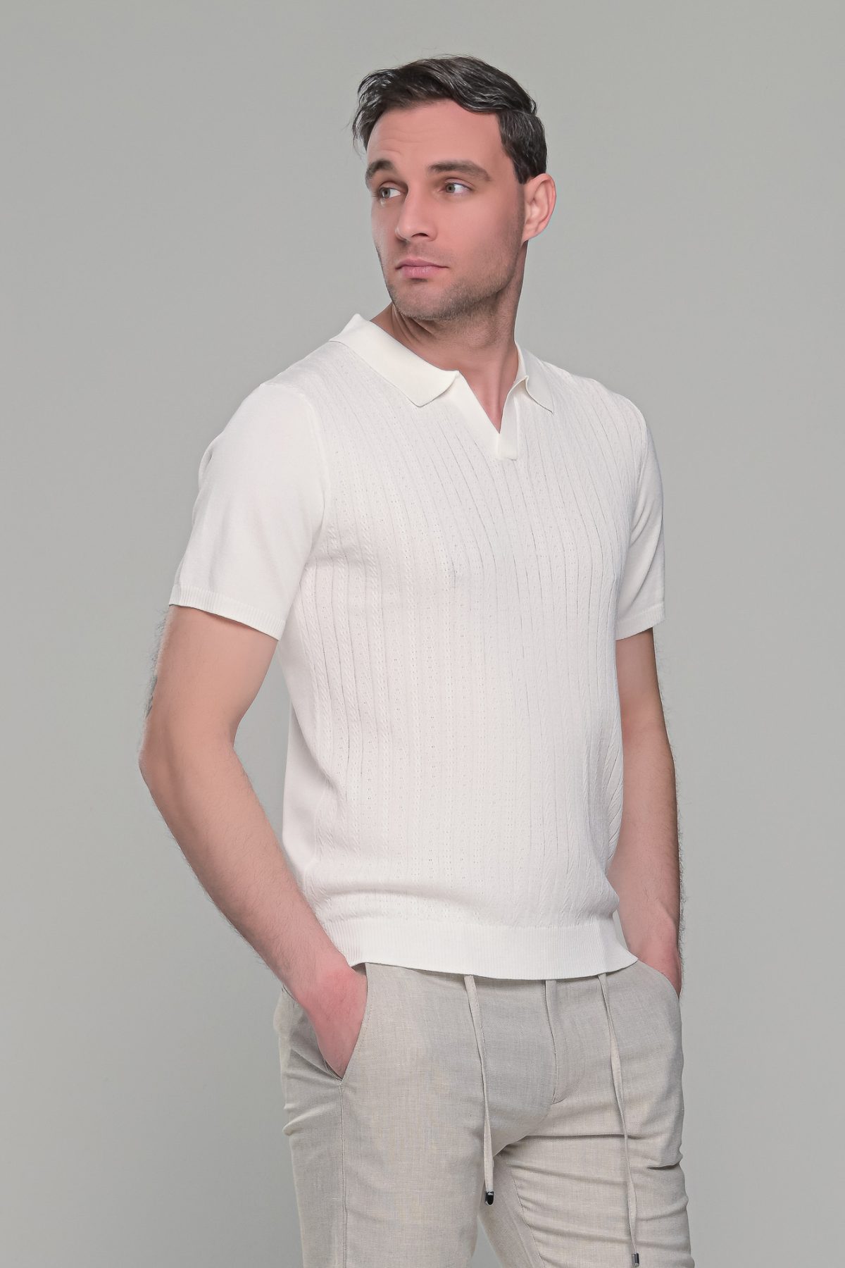 Λευκό πλεκτό ανδρικό πόλο μπλουζάκι – Slim Fit - Image 3
