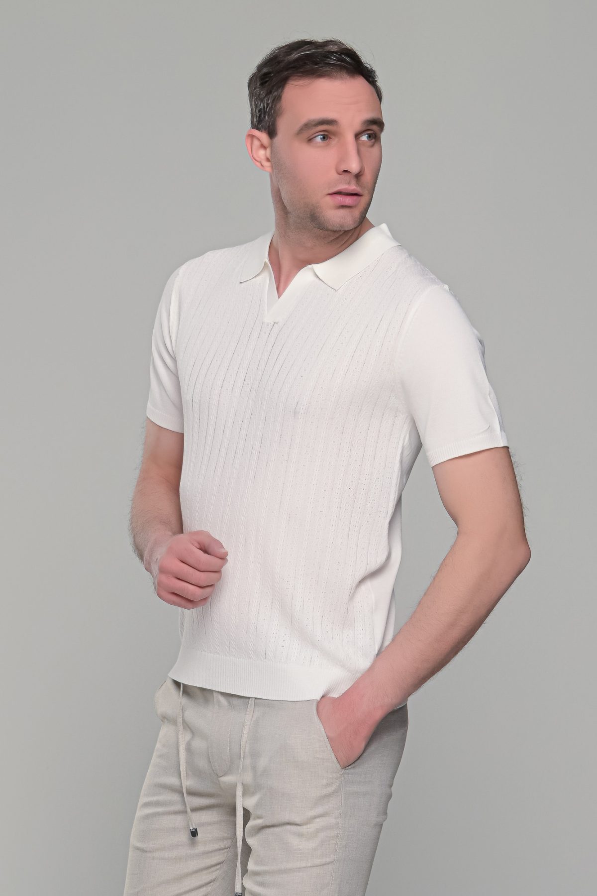 Λευκό πλεκτό ανδρικό πόλο μπλουζάκι – Slim Fit - Image 4