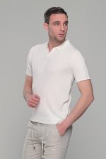 Λευκό πλεκτό ανδρικό πόλο μπλουζάκι – Slim Fit - Image 4