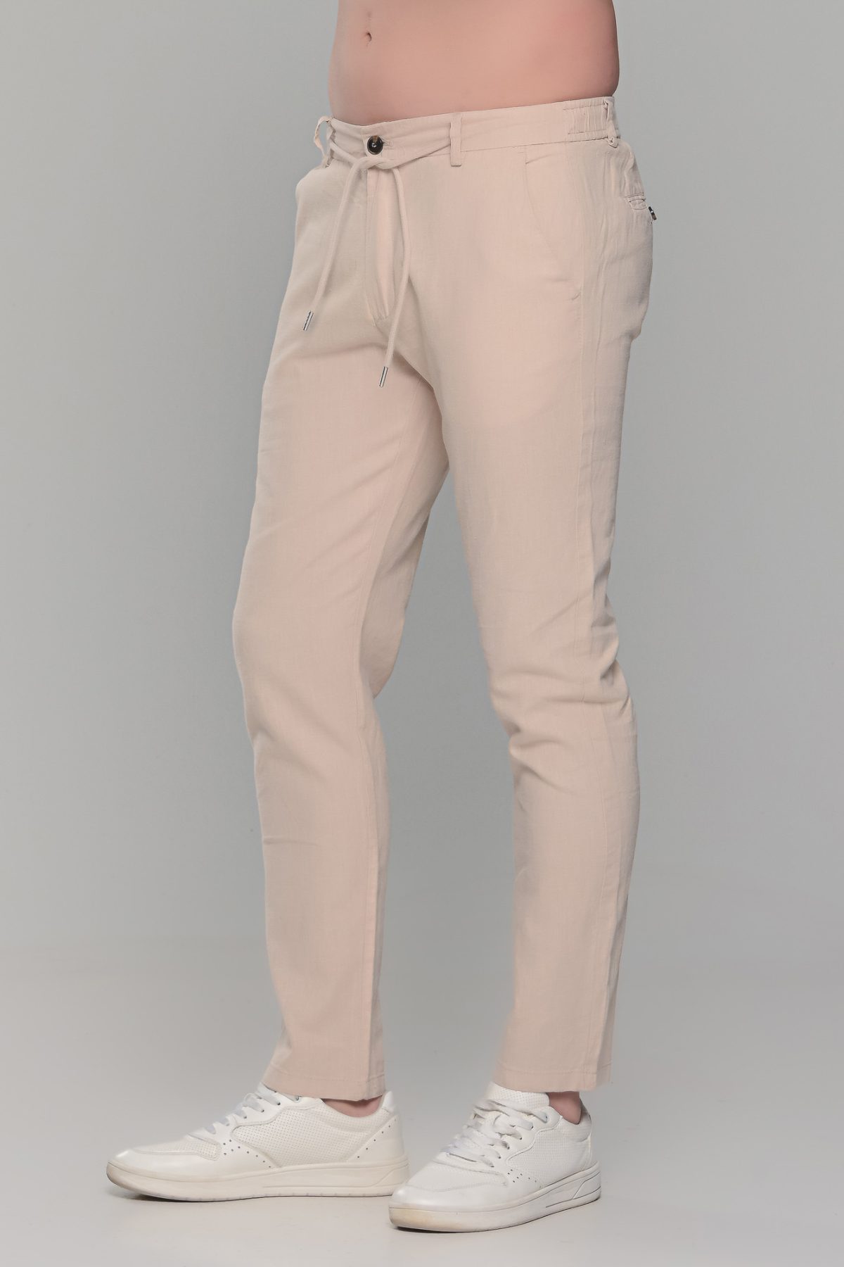 Μπεζ καλοκαιρινή ανδρική παντελόνα βαμβακερή με λινή όψη (straigh fit) - Image 4