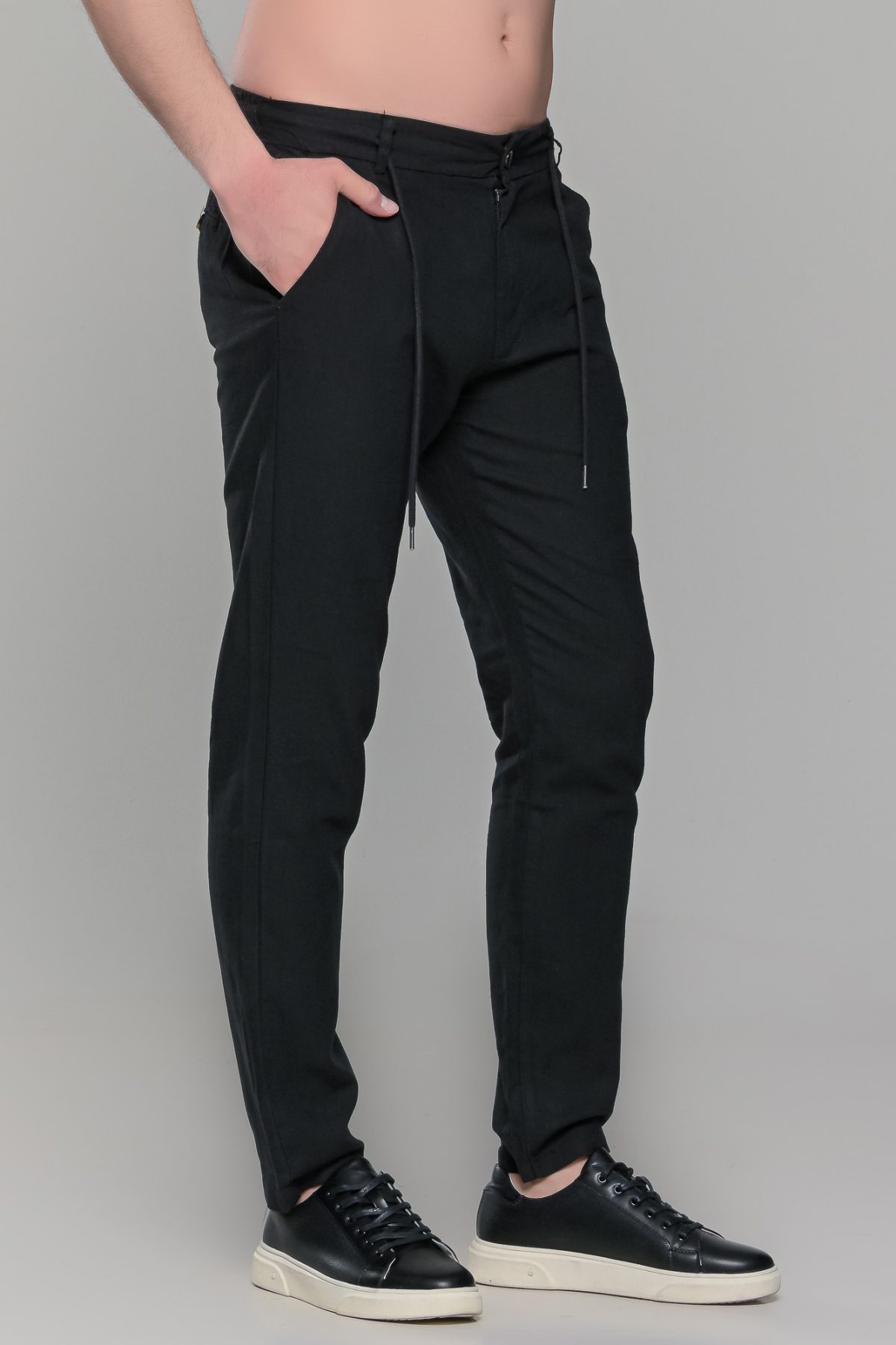 Μαύρη καλοκαιρινή ανδρική παντελόνα βαμβακερή με λινή όψη (straigh fit) - Image 3