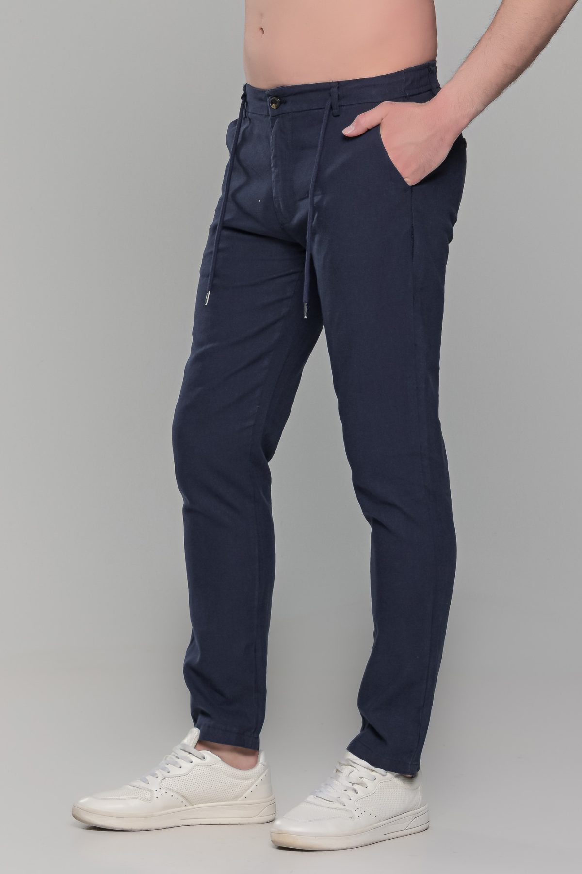 Μπλε καλοκαιρινή ανδρική παντελόνα βαμβακερή με λινή όψη (straigh fit) - Image 4