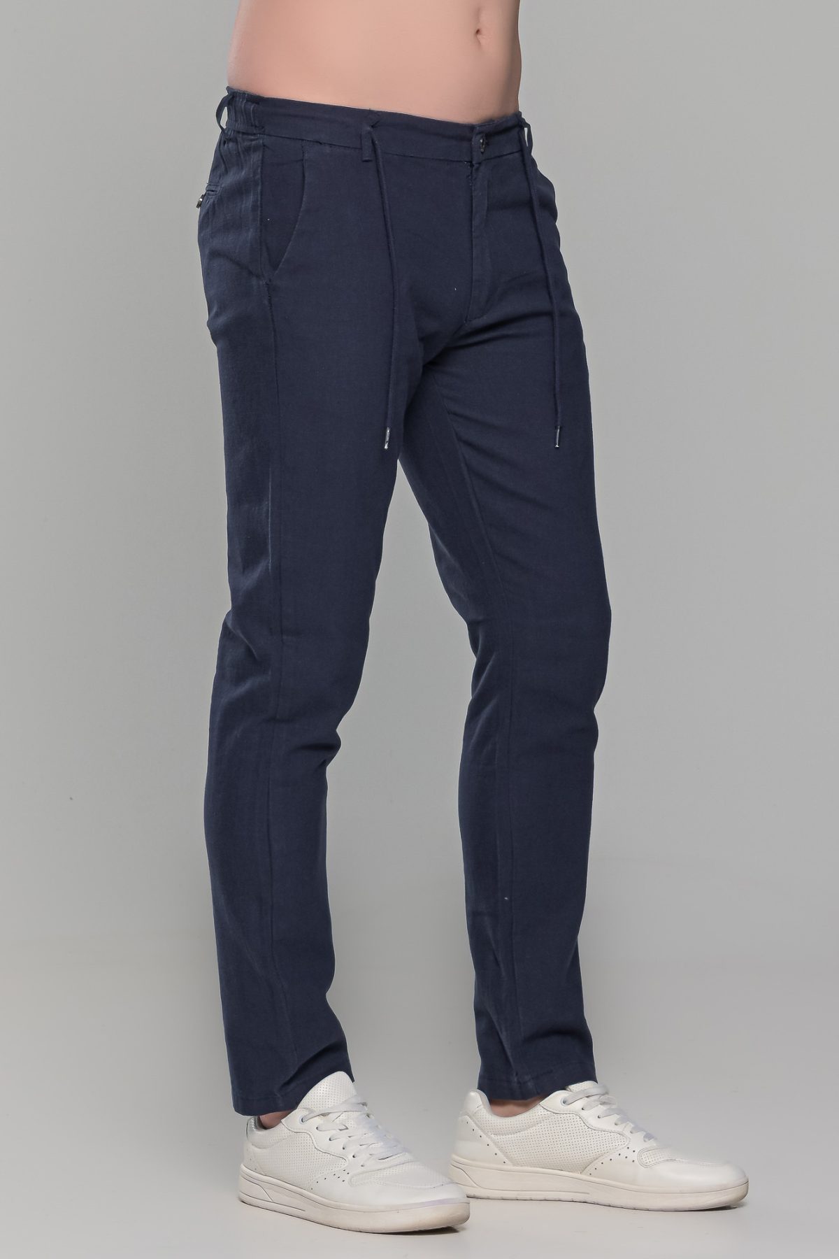 Μπλε καλοκαιρινή ανδρική παντελόνα βαμβακερή με λινή όψη (straigh fit) - Image 3