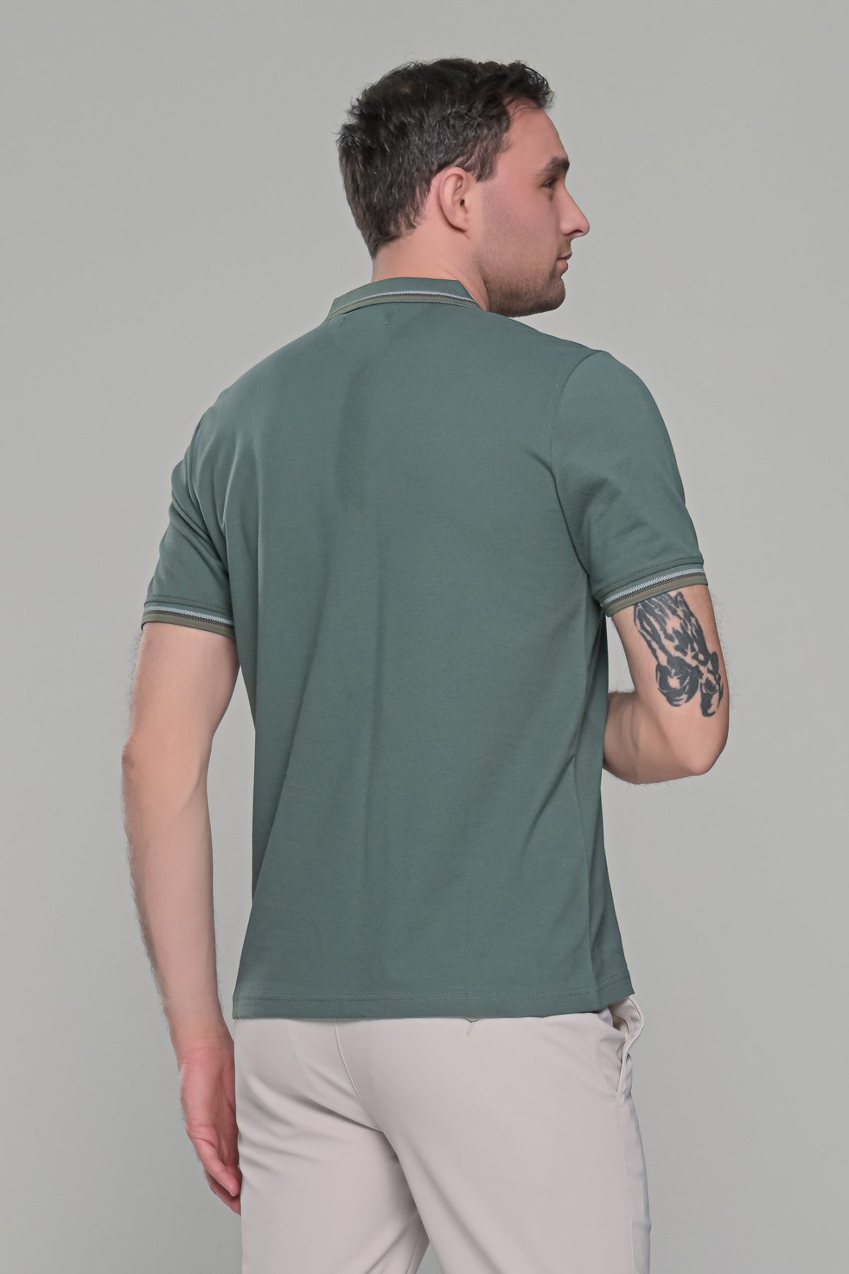 Ανδρικό πράσινο-χακί πόλο μπλουζάκι MS με κοντό μανίκι – Slim Fit - Image 8