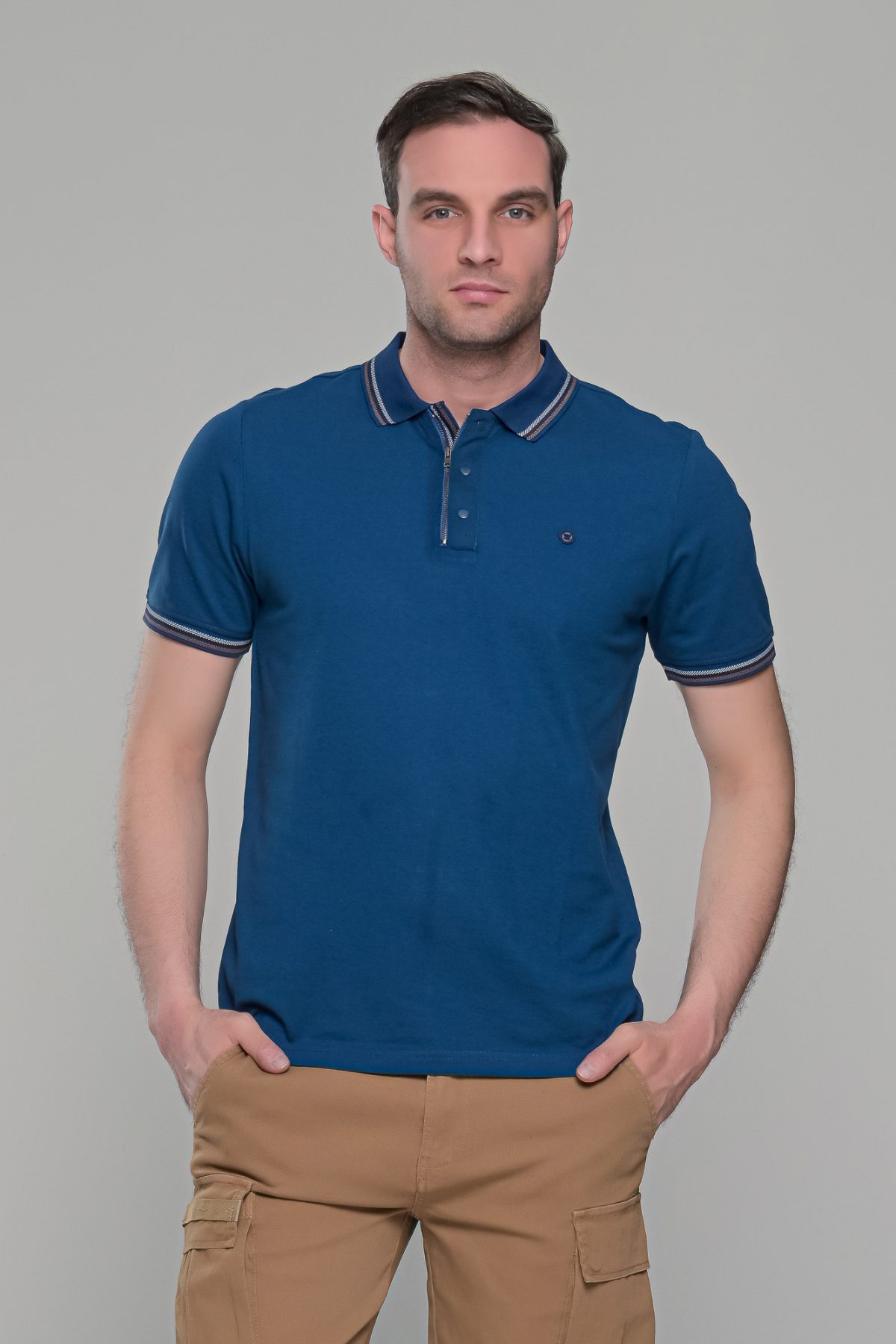 Ανδρικό μπλε-indigo πόλο μπλουζάκι MS με κοντό μανίκι – Slim Fit - Image 3