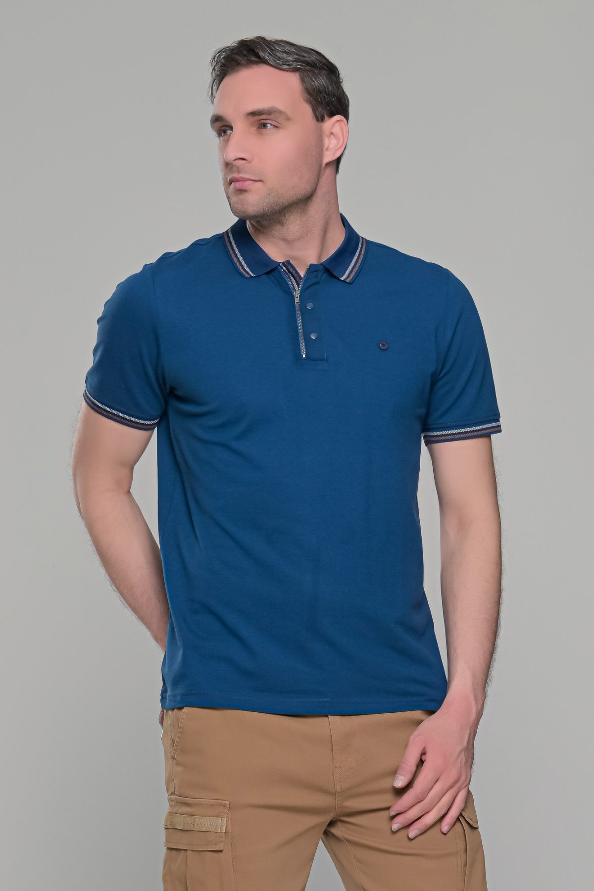 Ανδρικό μπλε-indigo πόλο μπλουζάκι MS με κοντό μανίκι – Slim Fit - Image 5