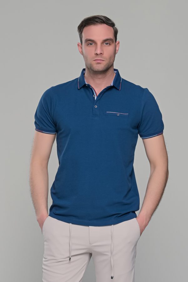 Ανδρικό μπλε πόλο μπλουζάκι MS με κοντό μανίκι – Slim Fit