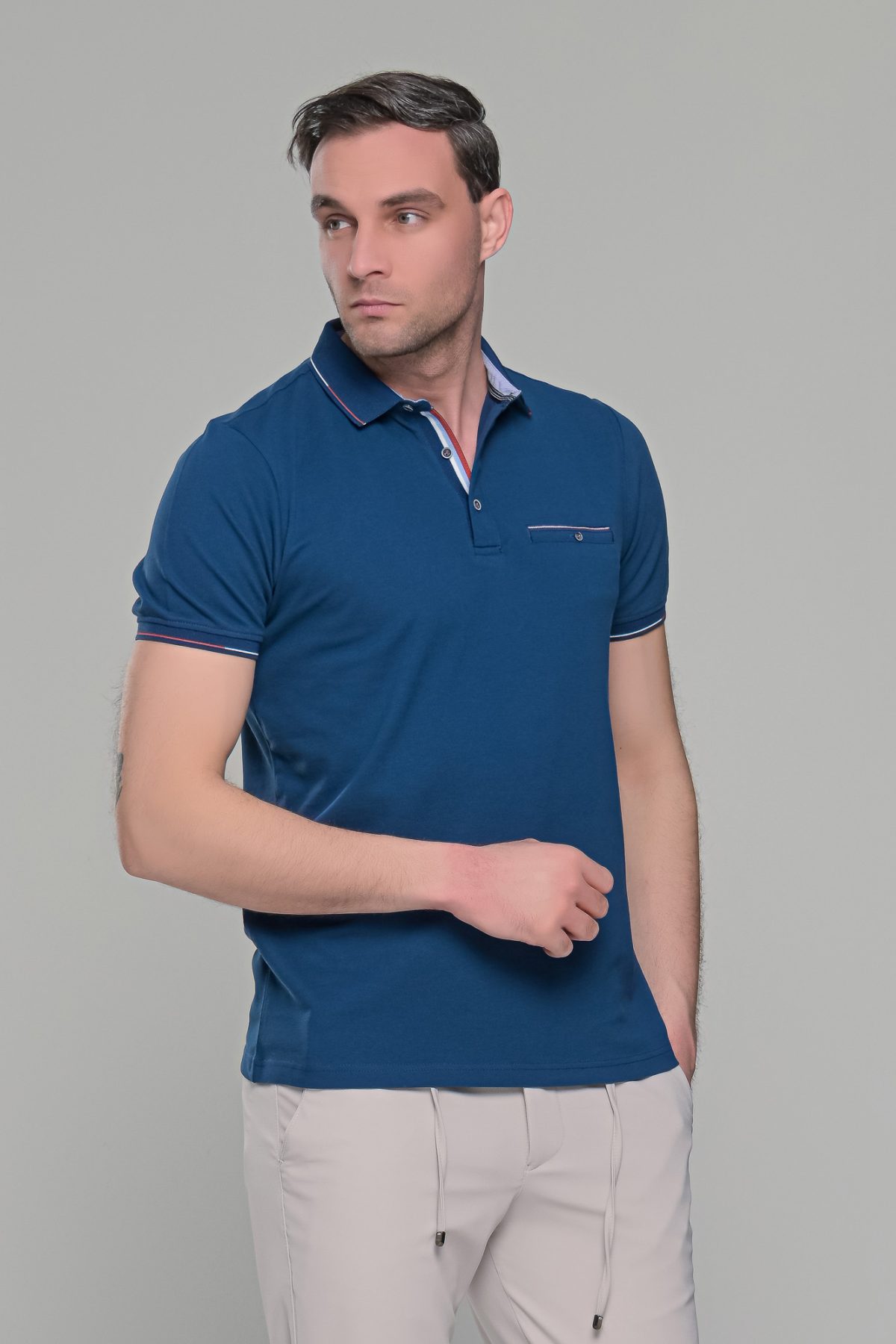 Ανδρικό μπλε πόλο μπλουζάκι MS με κοντό μανίκι – Slim Fit - Image 3