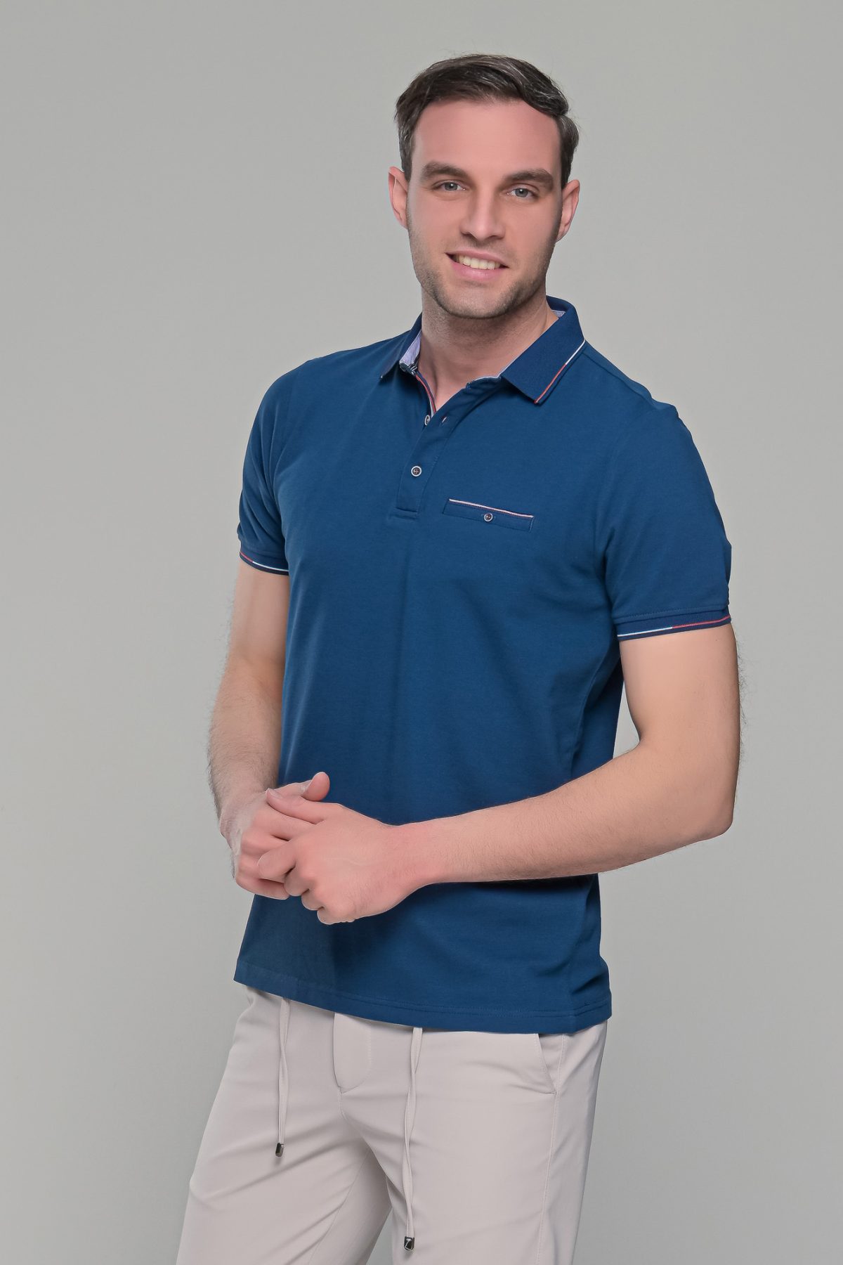Ανδρικό μπλε πόλο μπλουζάκι MS με κοντό μανίκι – Slim Fit - Image 5