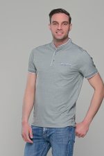 Ανδρικό λευκό-χακί μπλουζάκι MS με μάο γιακά και κοντό μανίκι – Slim Fit - Image 3