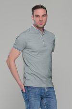 Ανδρικό λευκό-χακί μπλουζάκι MS με μάο γιακά και κοντό μανίκι – Slim Fit