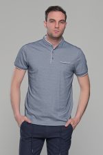 Ανδρικό λευκό-μπλε μπλουζάκι MS με μάο γιακά και κοντό μανίκι – Slim Fit - Image 5