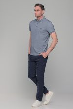 Ανδρικό λευκό-μπλε μπλουζάκι MS με μάο γιακά και κοντό μανίκι – Slim Fit - Image 4