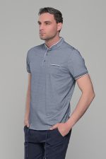 Ανδρικό λευκό-μπλε μπλουζάκι MS με μάο γιακά και κοντό μανίκι – Slim Fit - Image 3