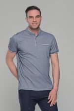 Ανδρικό λευκό-μπλε μπλουζάκι MS με μάο γιακά και κοντό μανίκι – Slim Fit