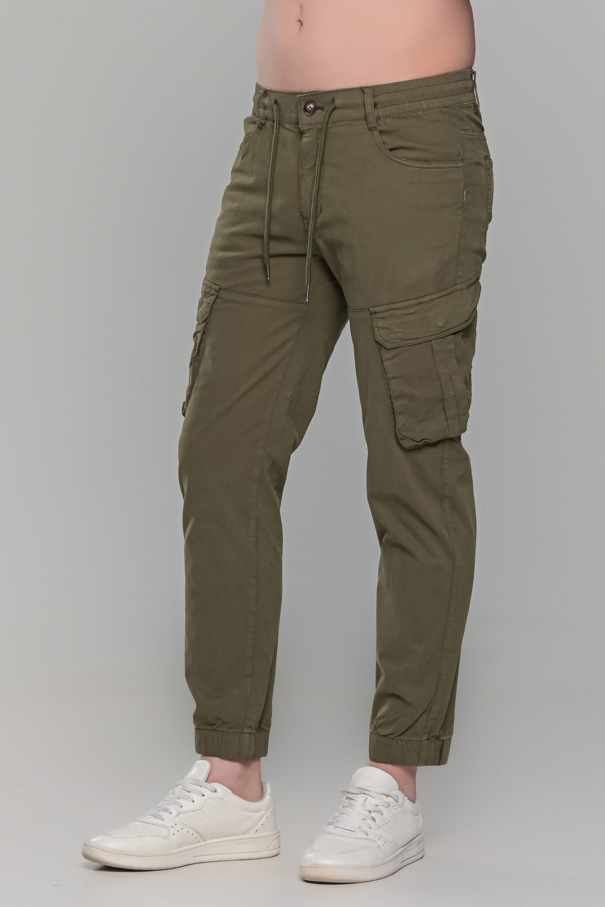 Πράσινο-χακί cargo ανδρικό καλοκαιρινό παντελόνι με τσέπες και λάστιχο - Slim Fit - Image 3