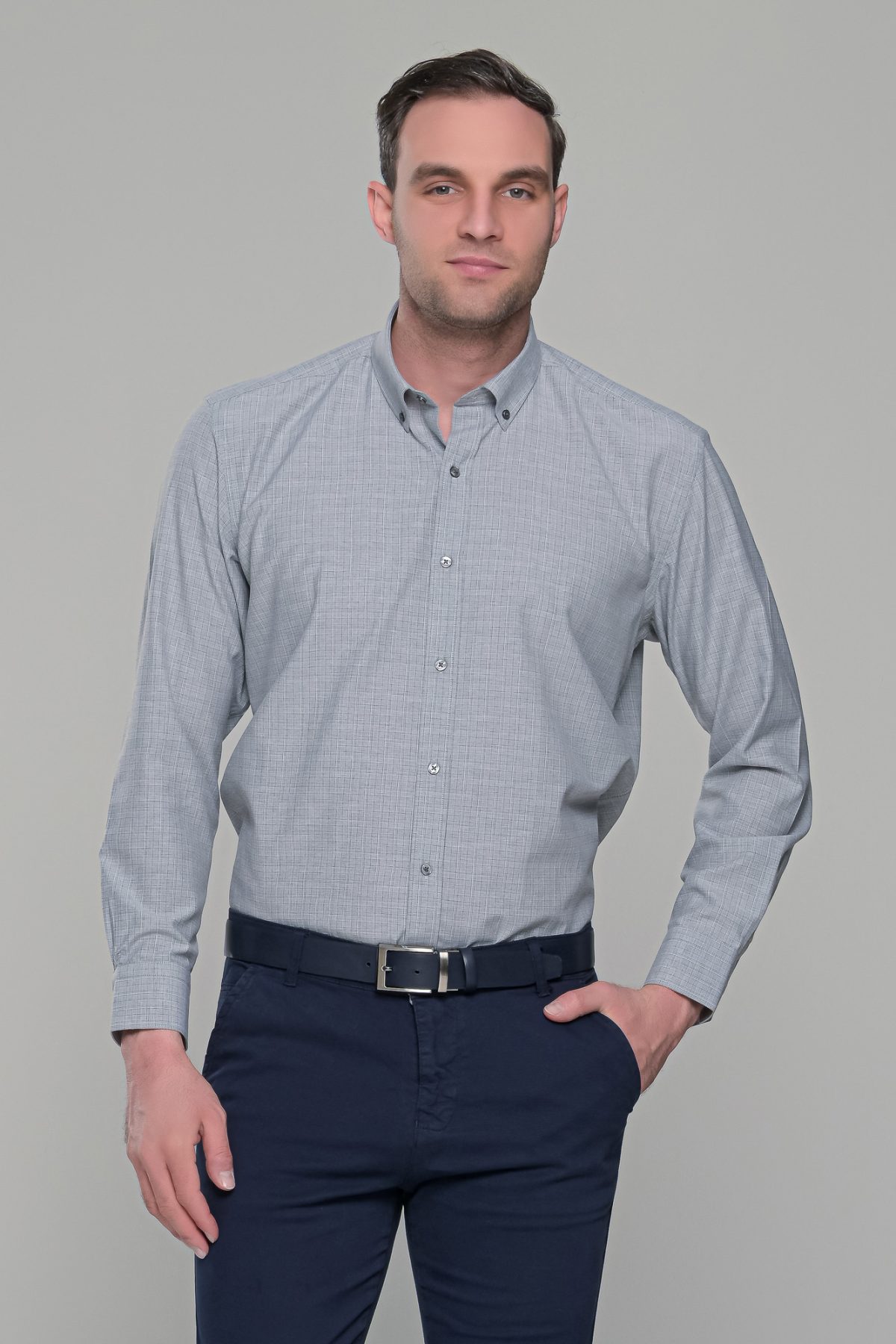 Χακί πουκάμισο με καρό μικροσχέδιο PAPARAZZI χωρίς Τσεπάκι - Classic Fit - Image 3