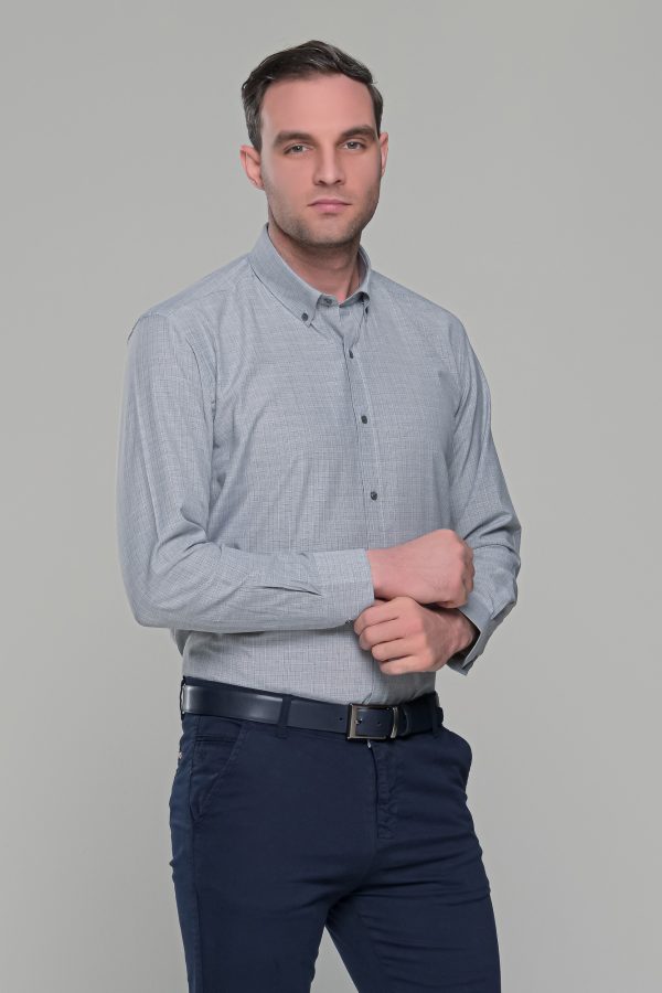 Χακί πουκάμισο με καρό μικροσχέδιο PAPARAZZI χωρίς Τσεπάκι - Classic Fit