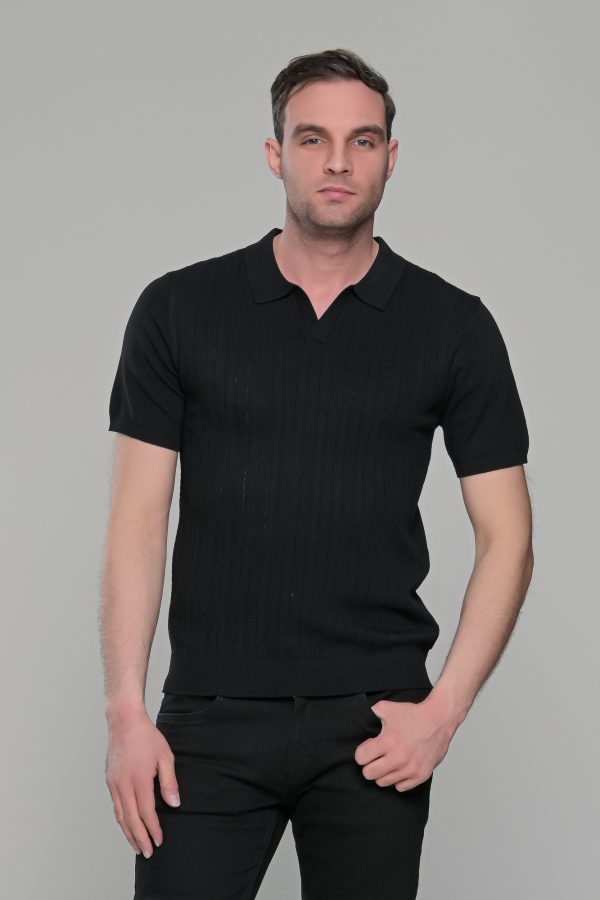 Μαύρο πλεκτό ανδρικό πόλο μπλουζάκι – Slim Fit