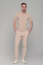 Μπεζ πλεκτό ανδρικό πόλο μπλουζάκι – Slim Fit - Image 6